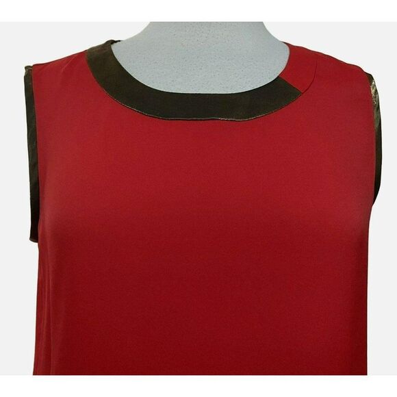 Anne Klein Red Sleeveless Hi-Low Pullover Blouse Sz 6 Bronze Fabric Neck Detail - Picture 2 of 4